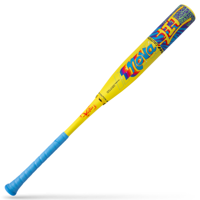 A yellow and blue baseball bat with a colorful patterned barrel, shown diagonally on a white background.