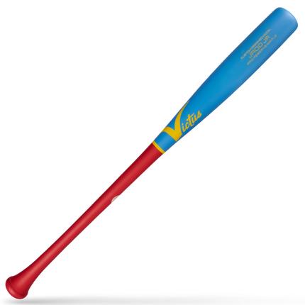 A red and blue baseball bat with yellow accents, shown diagonally on a white background.