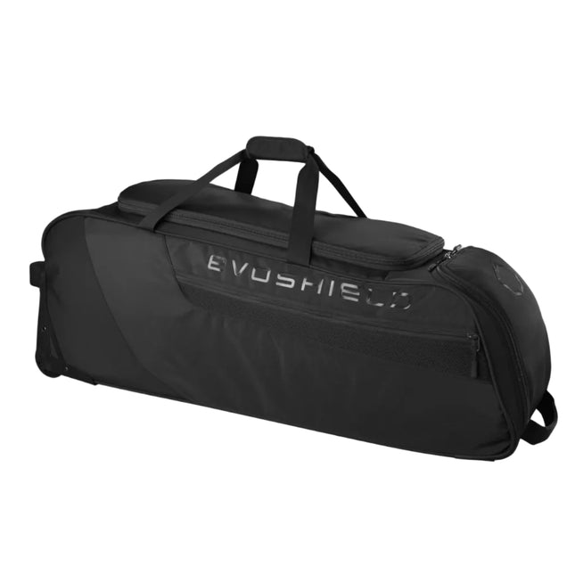 Black duffel bag with 'Evoshield' branding on a white background