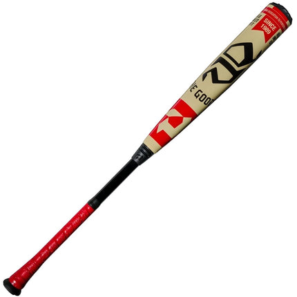 A baseball bat with a beige and red barrel, black handle, and red grip, shown diagonally on a light gray background.