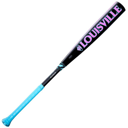 A Louisville baseball bat with a black barrel, purple and white team logo, and a bright blue handle grip, shown diagonally on a light gray background.