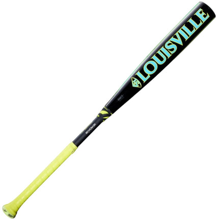 Baseball bat with yellow handle and black and green Louisville logo on a white background