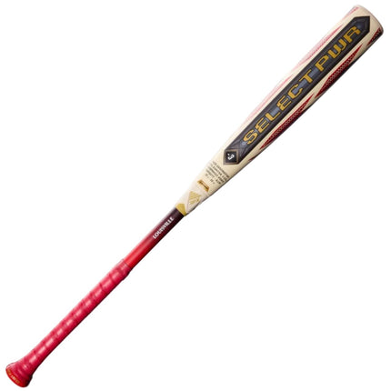 A Select Power baseball bat with a red grip and a cream-colored barrel featuring gold and black branding, shown against a plain light gray background.