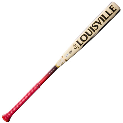 A Louisville Slugger baseball bat shown diagonally on a light gray background, featuring a cream-colored barrel with black lettering and a red grip on the handle.