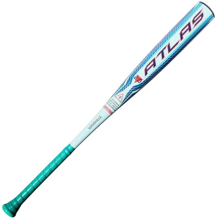 A baseball bat with a light blue and white patterned barrel and a teal-green grip, featuring the brand name 'ATLAS' in red on the barrel, shown against a plain light gray background.