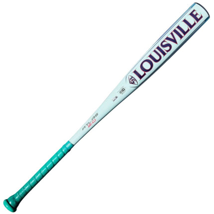 A Louisville Slugger baseball bat with a light blue and teal color scheme, featuring the 'LOUISVILLE' team name in purple on the barrel and a teal grip.