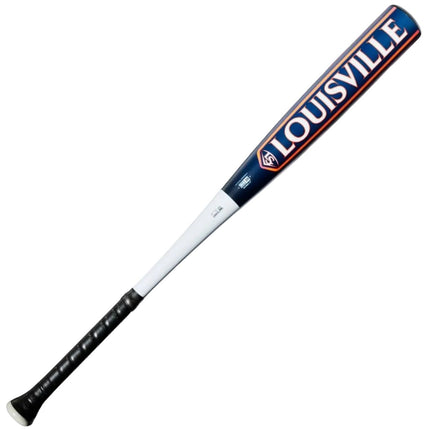 A baseball bat with a blue and white patterned barrel, a white handle, and a black grip, shown diagonally on a light gray background.