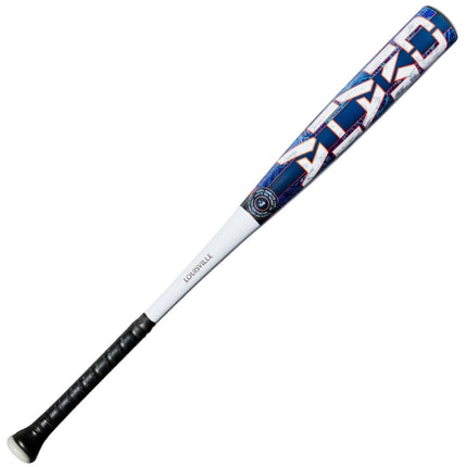 A Louisville baseball bat with a blue and white patterned barrel, a white handle, and a black grip, shown diagonally on a light gray background.