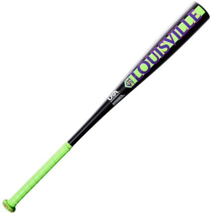 A Louisville Slugger youth baseball bat shown diagonally on a light gray background. The bat features a black barrel with purple and green 'LOUISVILLE' branding, a black midsection, and a bright neon green handle grip.