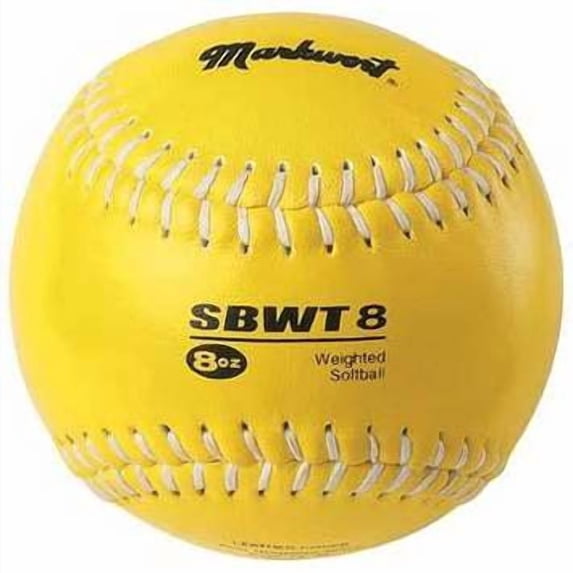 A yellow Markwest SBWT 8 weighted softball on a plain white background.