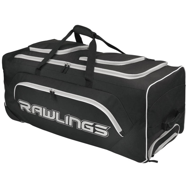 Black sports bag with white accents and 'Rawlings' branding on a white background