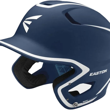 A navy blue baseball batting helmet with white graphic accents and the EASTON brand name on the side, shown against a plain white background.