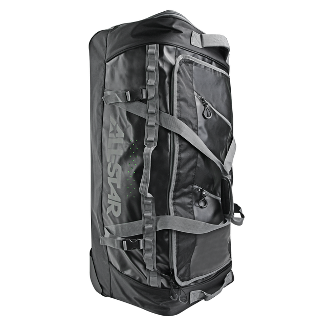 Black and gray travel duffel bag with AllStar branding on a white background