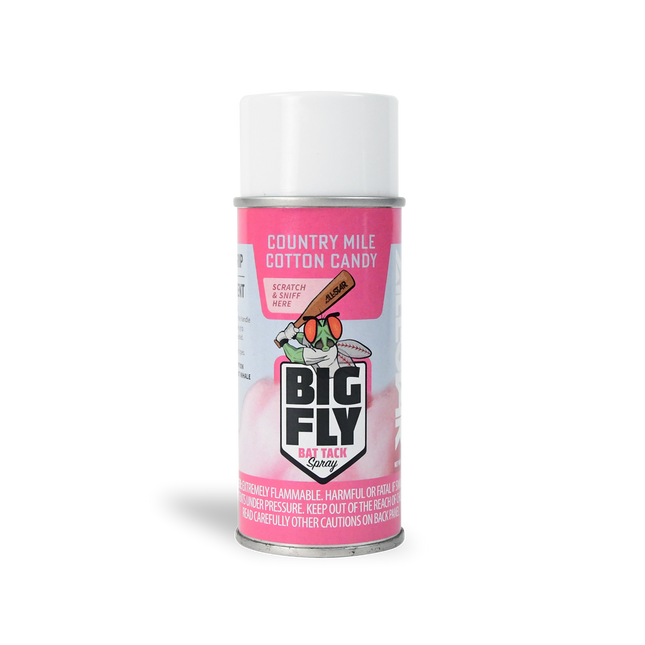 A can of Big Fly Fly Back Spray in the Country Mile Cotton Candy scent, featuring a pink label with a cartoon fly holding a cotton candy stick, on a white background.