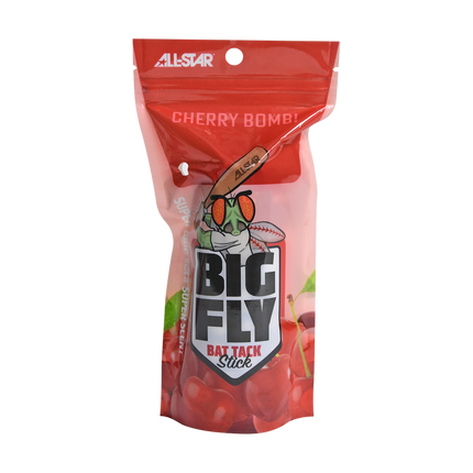 A red stand-up pouch of All Star Big Fly Bat Tack Stick Cherry Bomb fishing bait, featuring a cartoon fly illustration and cherries on a white background.