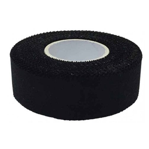 A roll of black athletic tape with a textured, velcro-like surface, wound around a white cardboard core, shown against a plain white background.