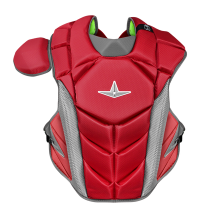 A red and gray baseball catcher's chest protector with a silver Alpinestars logo on the front, shown against a plain white background.
