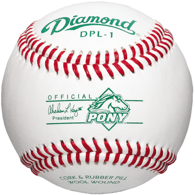 A white leather baseball with red stitching, featuring green printed branding including the word 'Diamond', model 'DPL-1', and an 'Official William H. Perry President PONY' logo, isolated on a white background.