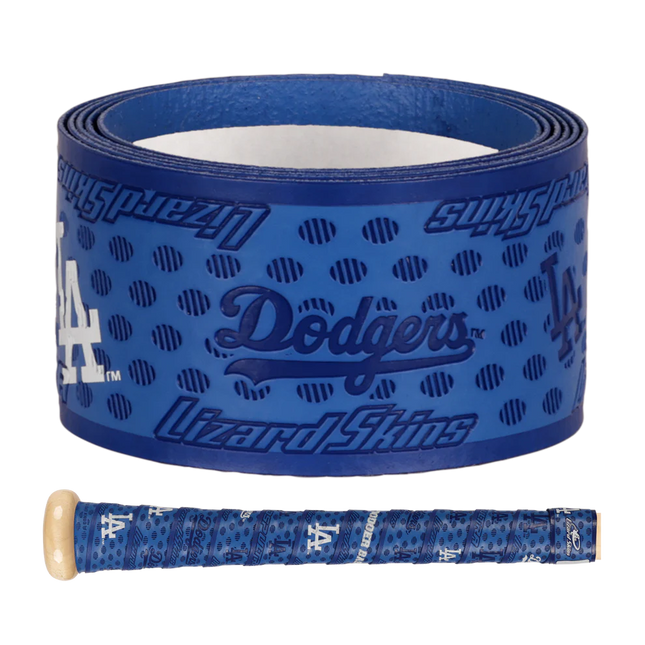 Blue baseball bat grip with Los Angeles Dodgers logo and 'Lizard Skins' branding on a white background