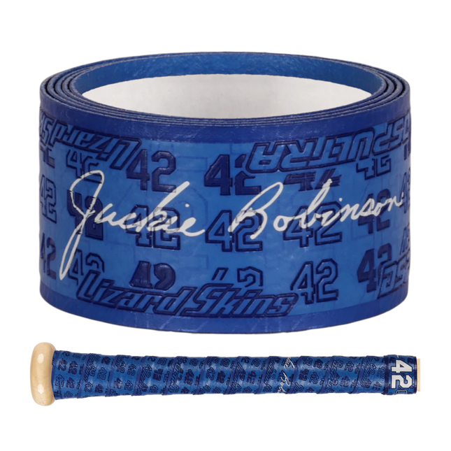 Blue tape with '42' and 'Jackie Robinson' branding, featuring a baseball bat handle wrapped with the same tape.
