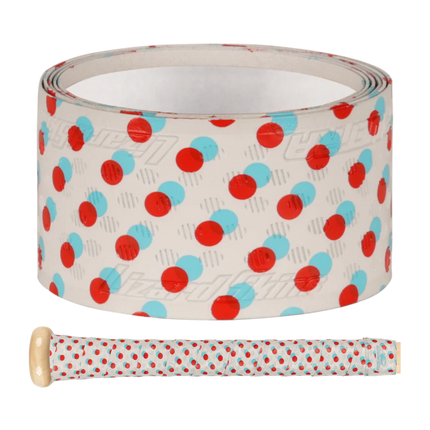 Roll of tape with red and blue pattern on a white background