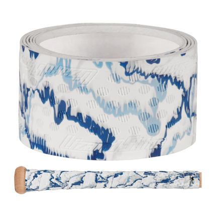 Blue and white patterned tape with a wooden applicator on a white background