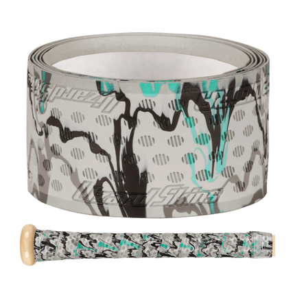 Baseball bat with grip tape featuring a camouflage pattern on a white background
