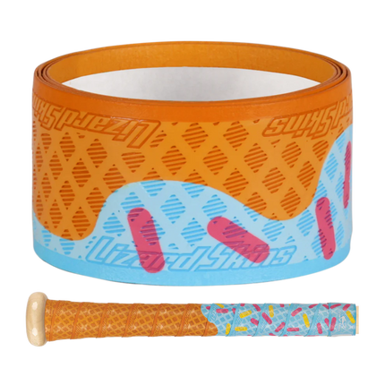 Colorful baseball bat grip with a patterned design on a white background