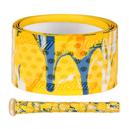 Yellow baseball bat grip with blue and white design on a white background