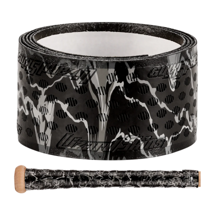 Black and gray patterned tape with a wooden baseball bat on a white background