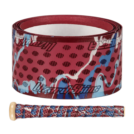 Baseball bat grip tape and baseball bat handle with red and blue pattern on a white background
