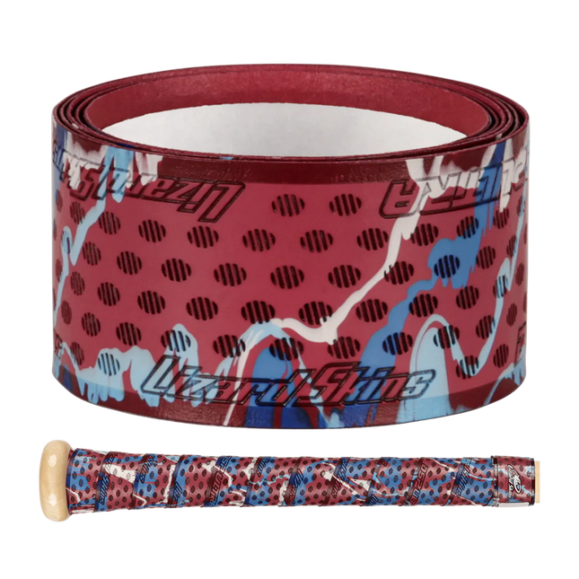 Baseball bat grip tape and baseball bat handle with red and blue pattern on a white background