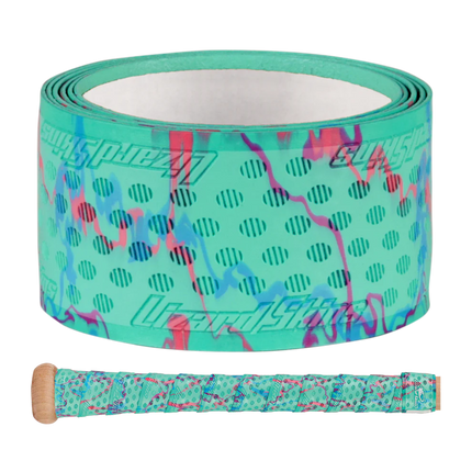 Turquoise baseball bat grip with colorful pattern on a white background