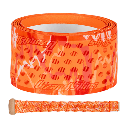 Orange tennis racket grip with brand logo on a white background