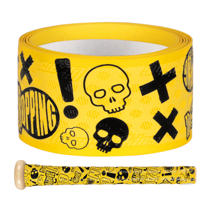 Yellow tape with black symbols and a small sample on a white background