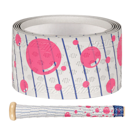 Roll of pink and blue patterned tape with a baseball bat handle wrapped in it on a white background