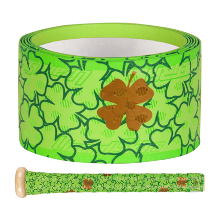 Green tape with clover leaf pattern and brown shamrock on a white background