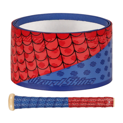 Baseball bat grip with red and blue pattern on a white background