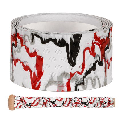 Roll of red, black, and white patterned tape on a white background