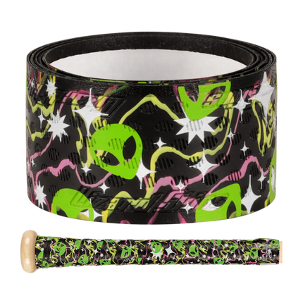 Black tape with green alien design on a white background
