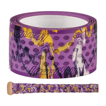 Purple and yellow sports tape with brand logo on a white background