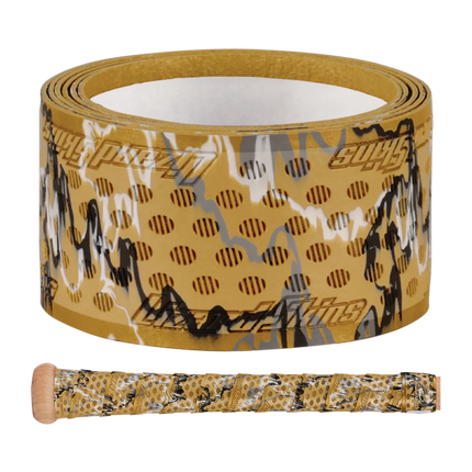 Roll of yellow tape with black and gray pattern on a white background