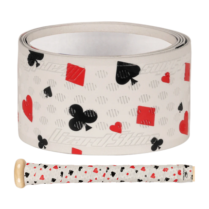 Roll of tape with card suit pattern and a baseball bat wrapped with the same pattern on a white background
