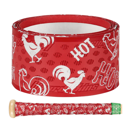 Red hot sauce label with white rooster and 'HOT' text on a white background