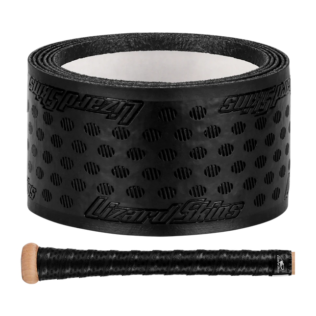 Roll of black tape with 'Lizard Skins' branding and a baseball bat handle wrapped in it.
