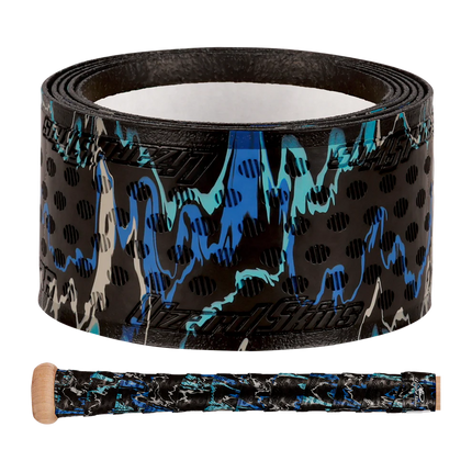 Black and blue patterned tape with a wooden handle on a white background