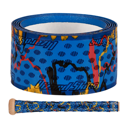 Blue tape with colorful design and a baseball bat handle wrapped in the same pattern on a white background