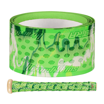 Green and white patterned tape with a small sample roll on a white background