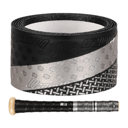 Baseball bat grip with black and silver pattern on a white background