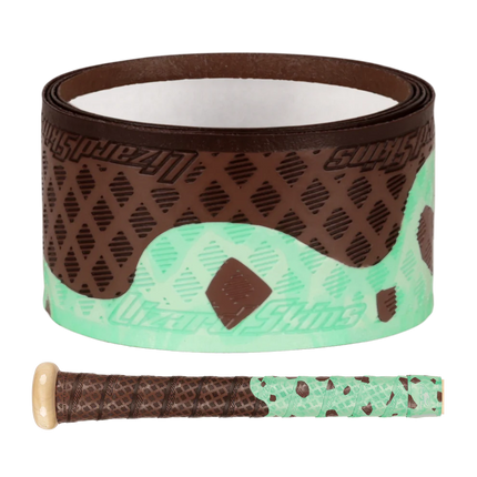 Baseball bat handle with brown and green pattern on a white background